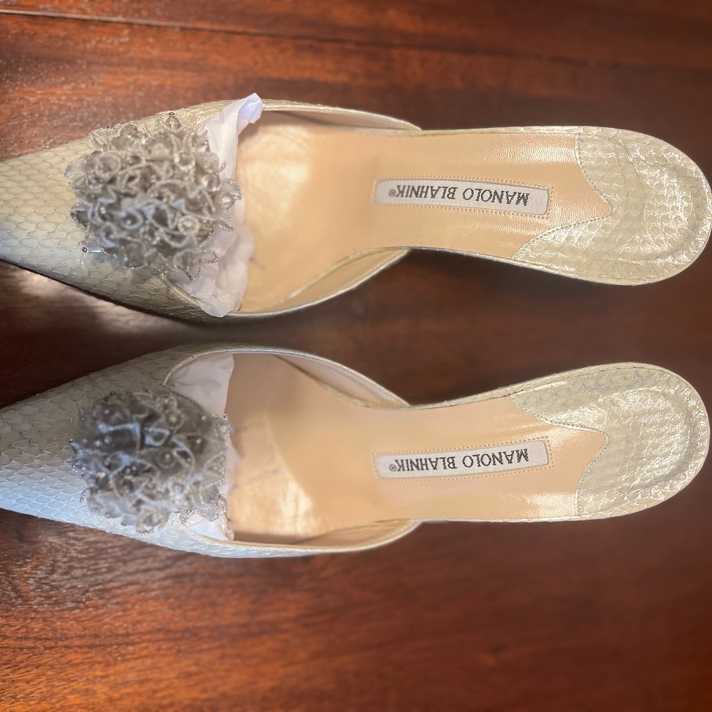 Manolo Blahnik Ivory Embellished Mules
